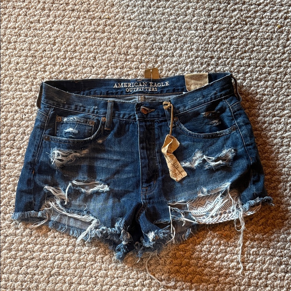 American Eagle Outfitters Dark Blue Ripped Denim Shorts with Lace Inset